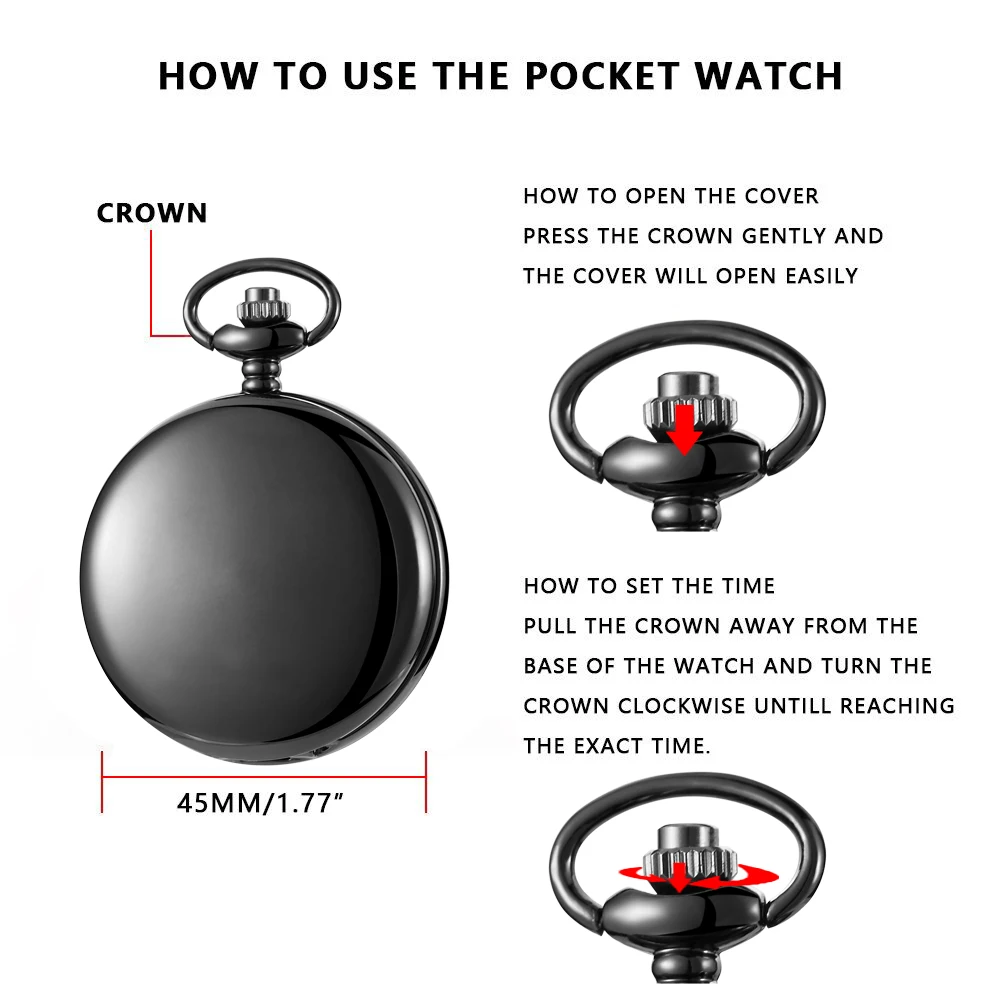 

Classic Fashion 37CM Fob Chain Smooth Steel Polish Quartz Pocket Watch Mens Pendant Gifts Box