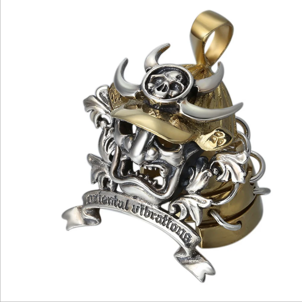 Мужской кулон в виде маски самурая из чистого серебра 925 пробы с инкрустацией