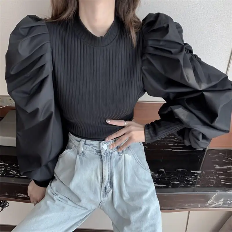 Лоскутные вязанные черные женские свитера с рюшами круглым вырезом и пышными