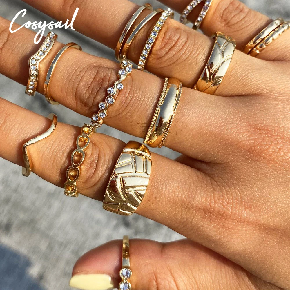 

Cosysail 15 Pcs/Set Trendy Rings Set Geometry Cross Flower Crystal Wave Finger Ring for Women Bohemian Charm Jewelry Gifts 2021