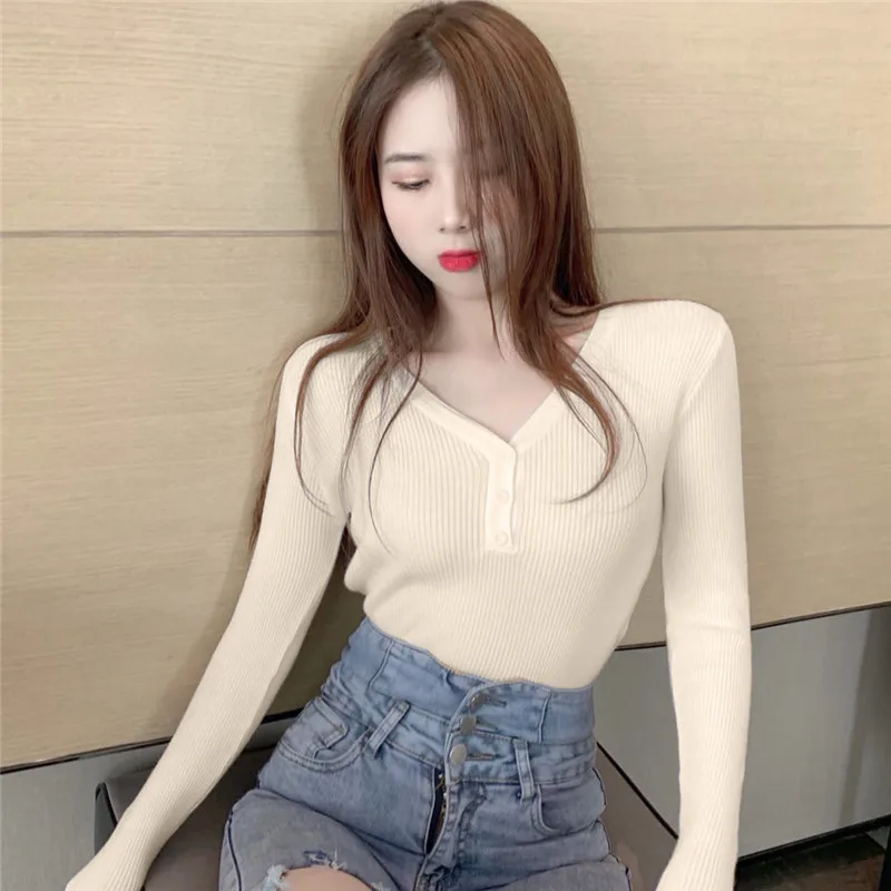 

Office Lady Striped Pattern Single-breasted Button Inner Wear V-neck Long-sleeved Cotton Sexy Slimming Pullover Bottoming Shirts