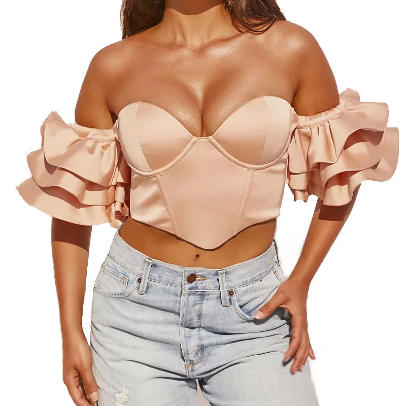 

Satin Effect Blouse Women 2021 Summer Autumn Layers Ruffles Sleeve Off Shoulder Backless Ladies Crop Tops