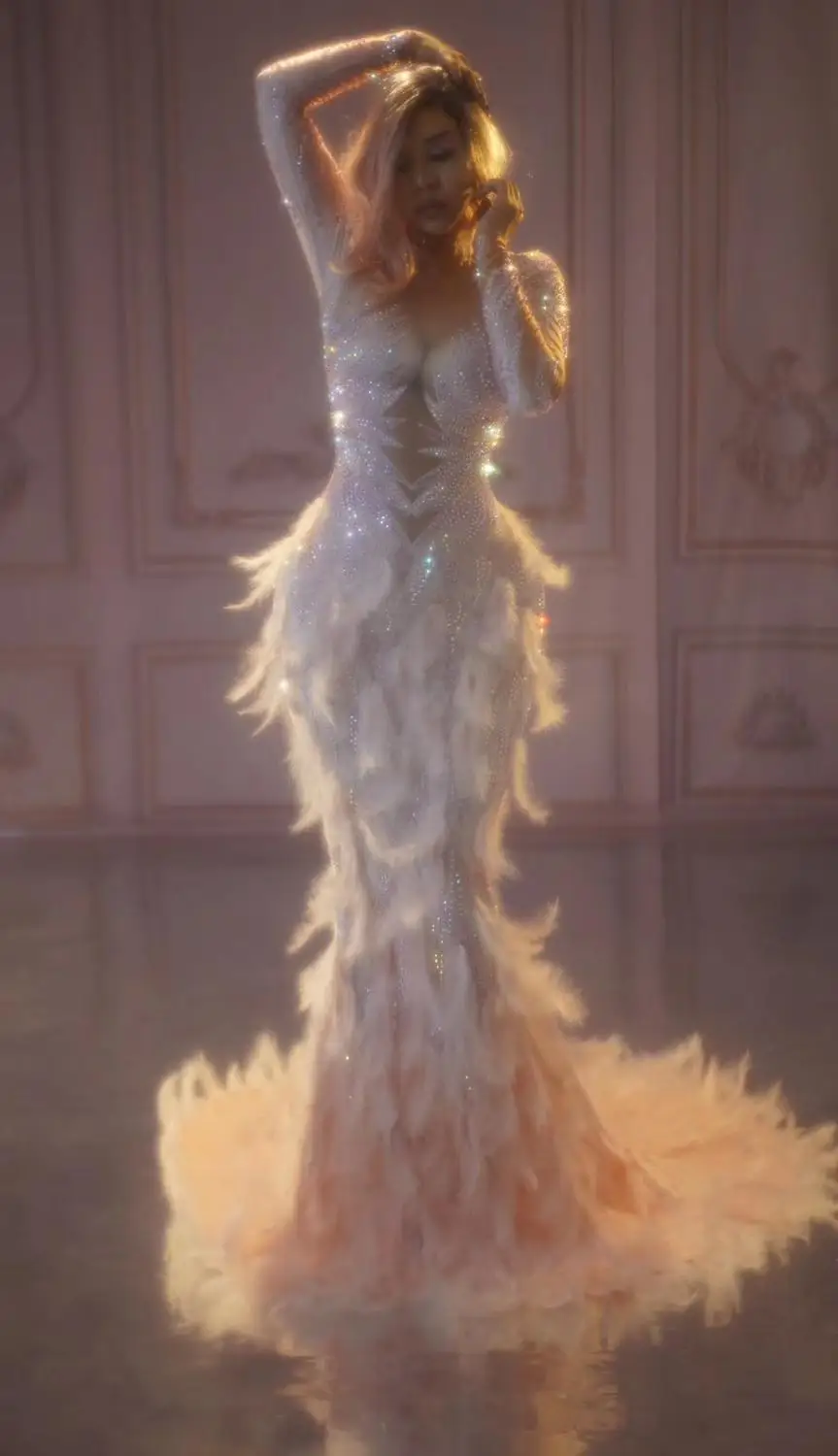 Роскошное длинное платье русалки с розовыми перьями женское для вечеринки