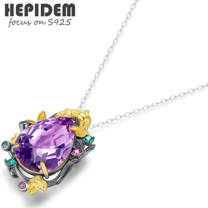 

HEPIDEM 100% Amethyst 925 Pendant Necklace for Women S925 Sterling Silver Purple Big Size Stone Gem Gemstones Fine Jewelry 7003