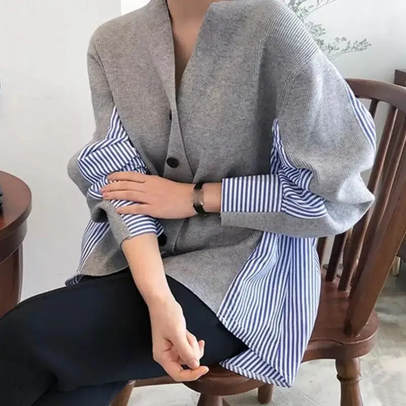 New Autumn Women's Sweaters Patchwork Srtiped Knitting V-Neck Cardigans Casual Single Breasted Loose Tops |