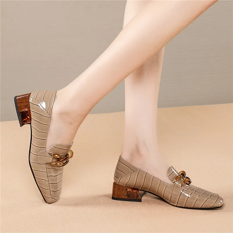 

2020 Cowhide Stone Patter women shoes Full Leather Cowhide Fashion Ladies Chain Heel Stitching College Loafers Zapatillas mujer