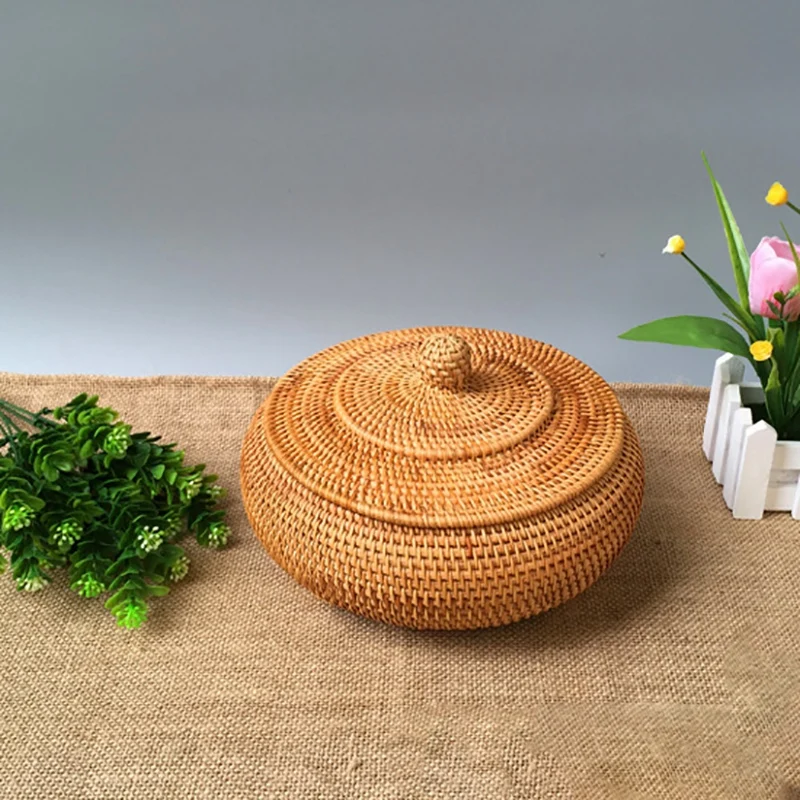 New Storage Basket Hand-Woven Rattan Woven with Cover Round Primary Color Chinese Jewelry Snacks Tea Set Box | Дом и сад