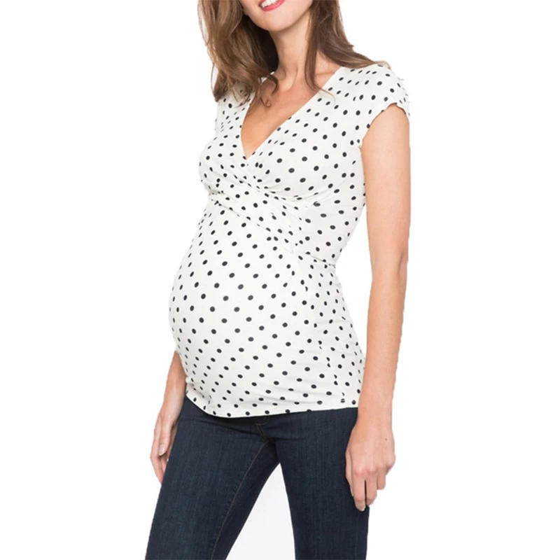 

Women's Maternity Breastfeeding T-Shirt Clothes for Pregnant Women Summer Short Sleeve V-Neck Polka Dot Print Nursing Tops
