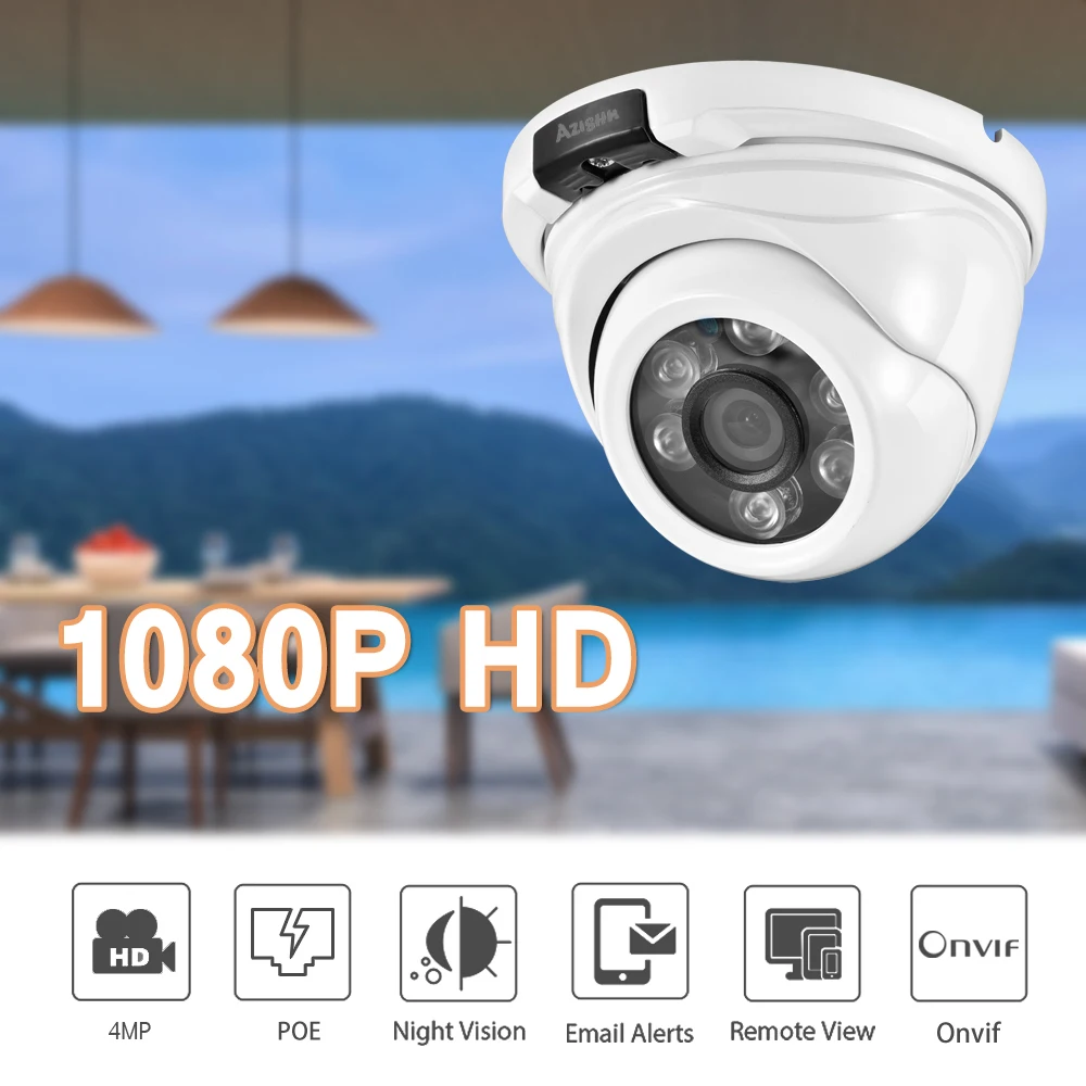 AZISHN IP камера 1080P наружная Водонепроницаемая безопасность h.265 2.0MP 48 В POE ИК ночного видения наблюдения onvif металлическая камера системы видеонаблюдения купольная