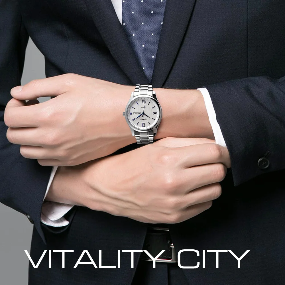 

SKMEI Top Brand Fashion Mens Wrist Watches Stainless Steel Business Waterproof Date Week Display Golden Quartz Men Watch 1261