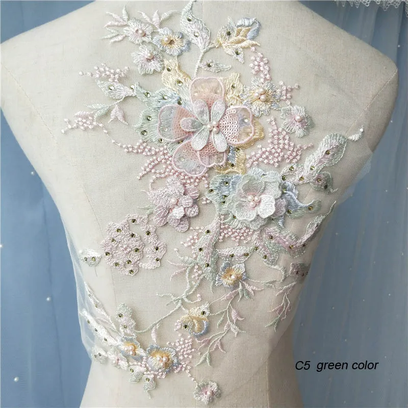 

1pc 35*28cm beaded lace applique for wedding dress large floral rhinestone lace appliques patches Embroidery patch lace flowers