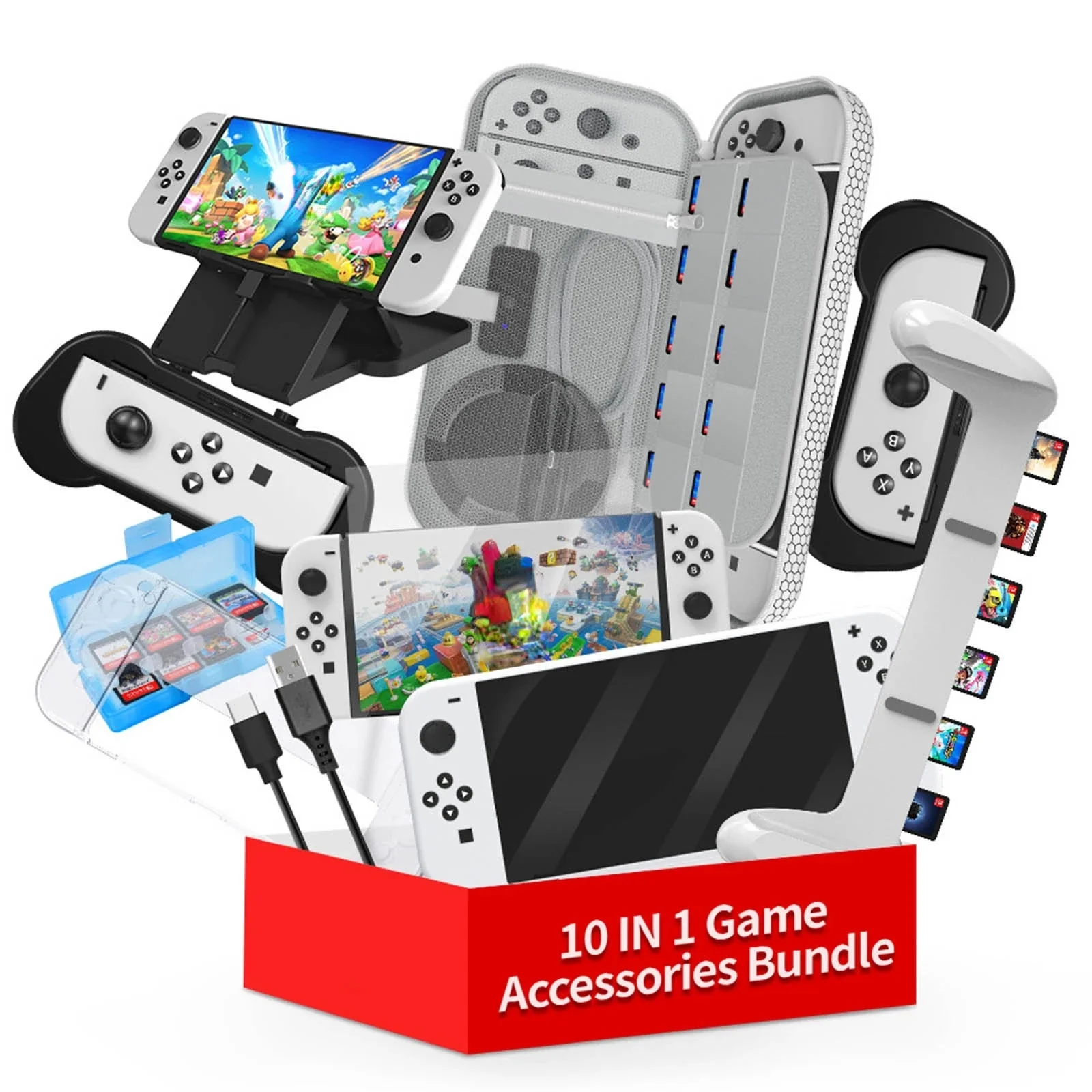 

Accessories Set for Nintendo Game Console Switch OLED Host 10 In1 Silicone Case Crystal Case PET Screen Protector
