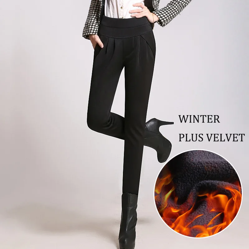 black plus velvet Новые модные женские элегантные повседневные шаровары с высокой талией, офисные свободные штаны с карманами размера плюс 6XL, женские зимние штаны - Цвет: black plus velvet