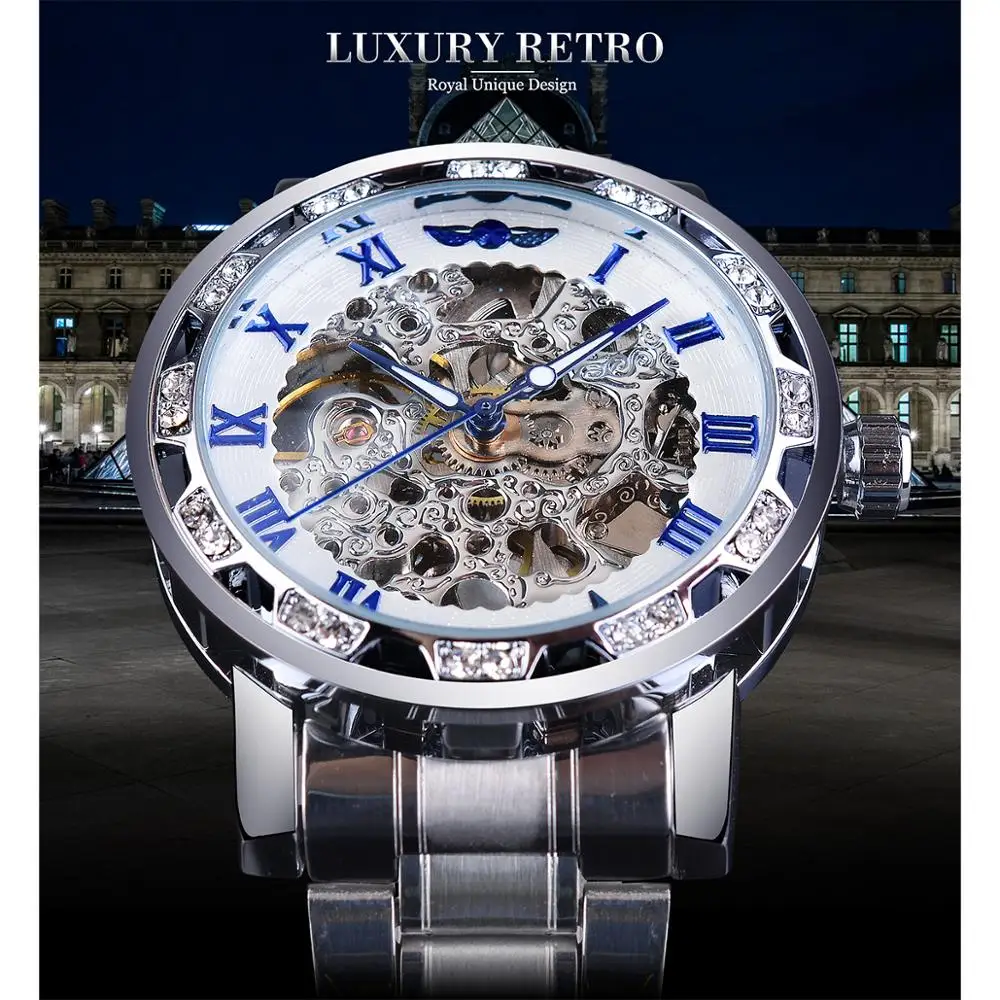 Часы Winner Skeleton Dial модные часы с бриллиантами белые серебристые спортивные из