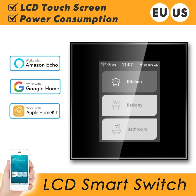 

Wifi LCD Smart Light Switch 4 In1 Household Wall Lamp And Curtain Touch Switch Tuya App Control Works With Alexa Google Home