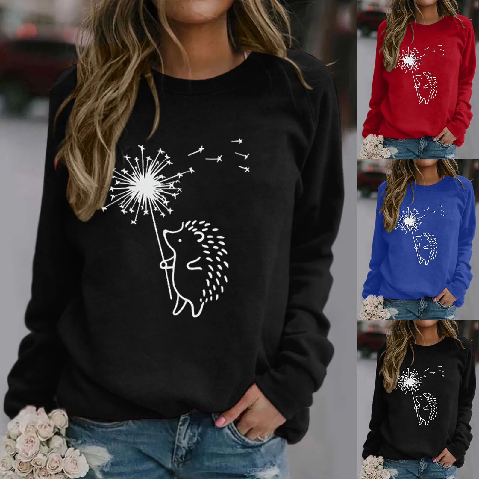 

Dandelion Hedgehog Printed Cute Hoodies Women Fleece Long Sleeve O Neck Loose Sweatshirt Girls Women Hoodie Pullovers Winter