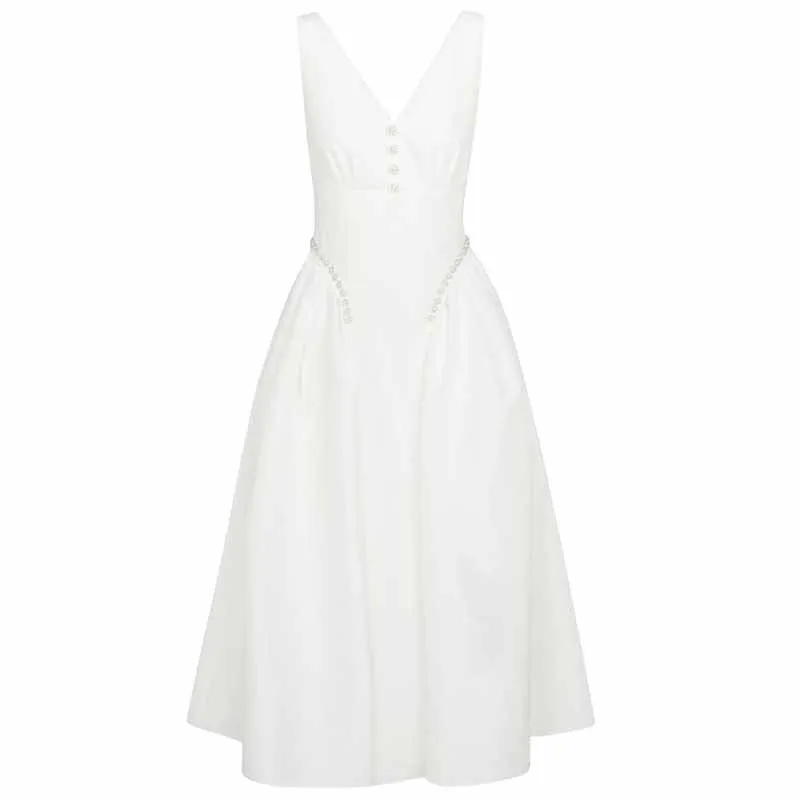 

VGH Casual White Patchwork Diamonds Dress For Women V Neck Sleeveless High Waist Slim Midi Dresses Female Summer Fashion Clothes