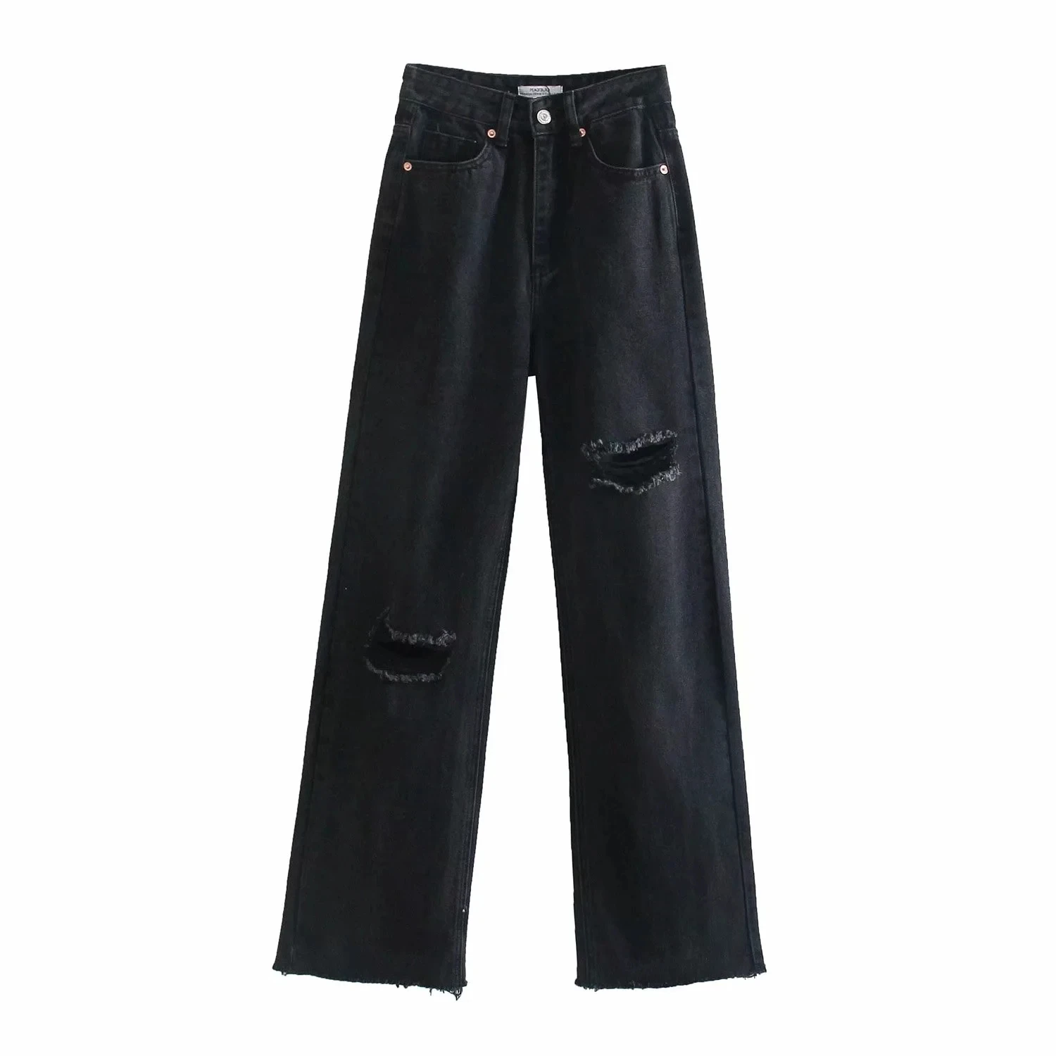 

ZA women Pantalon frayed straight Jeans Washed full length High waist Hole Wide-leg denim pants pocket fashion Ripped Trousers