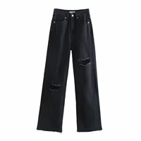 za women pantalon frayed straight jeans washed full length high waist hole wide leg denim pants pocket fashion ripped trousers