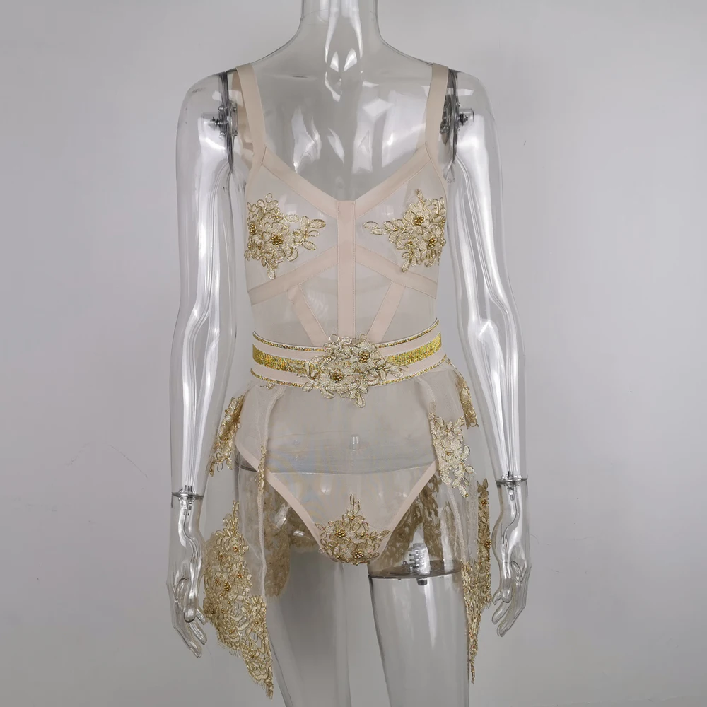 

Summer 2 Piece Dress Mesh Bodysuit and Pearl Sparkle Sexy Club Wear Sleeveless See Through Stage 2 Piece Party Dress