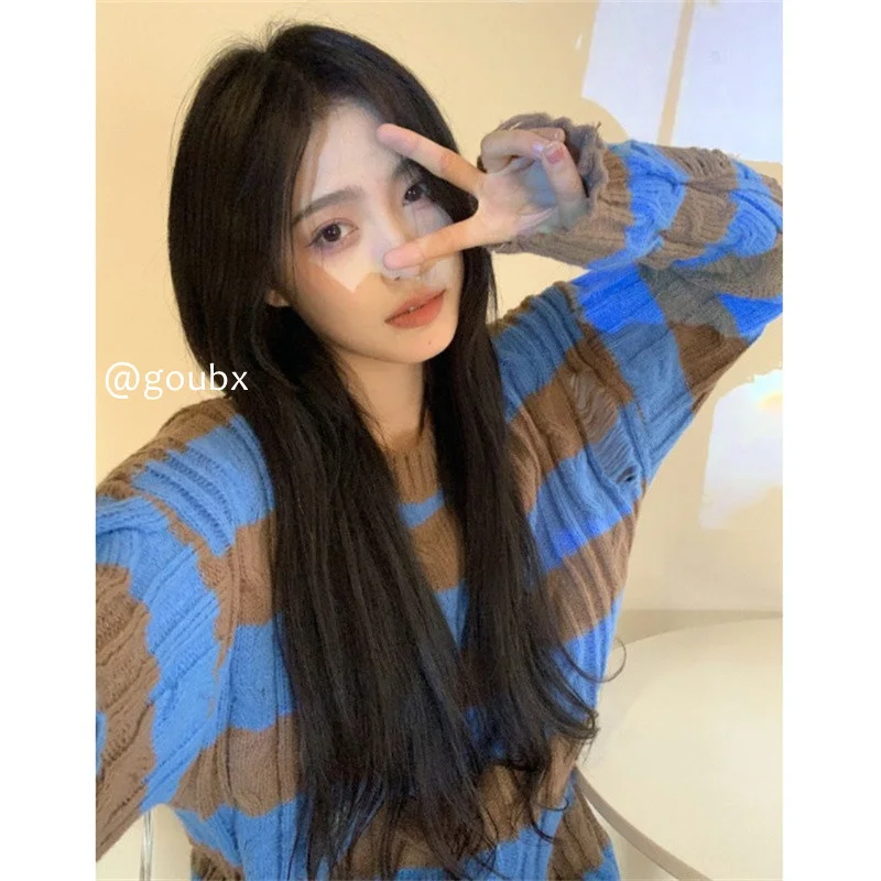 

Женский вязаный свитер в полоску, Свободный пуловер контрастных цветов в стиле ретро, осень 2021