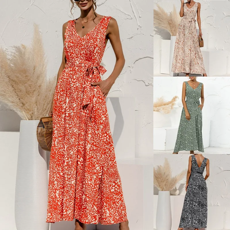 

Summer Boho Maxi Dress Women Elegant Party Dresses Ladies V Neck Floral Dress Sleeveless With Pocket