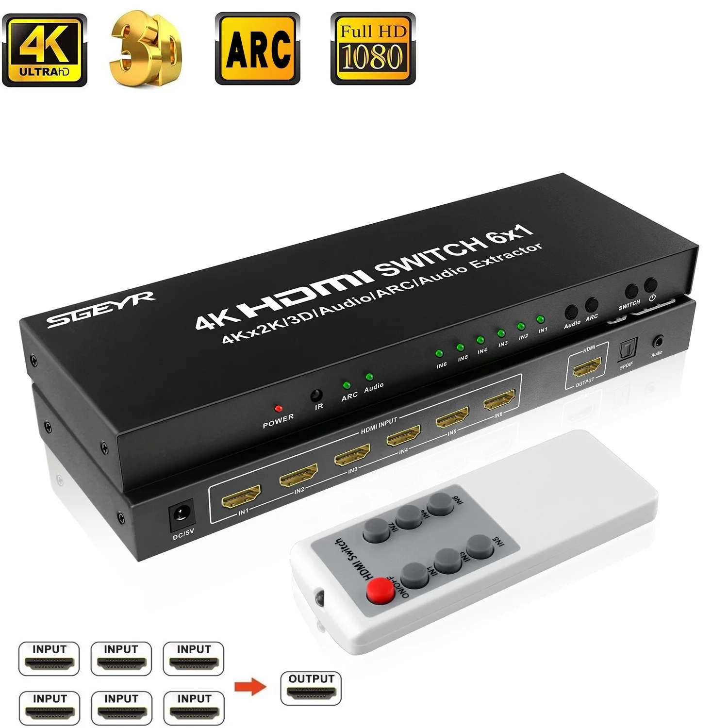 6x1 HDMI Switch 4K 6 Port HDMI Switcher 6 In 1 Out with HDMI Audio Extractor IR Remote SPDIF 3.5mm Audio Output Support 4K@30Hz