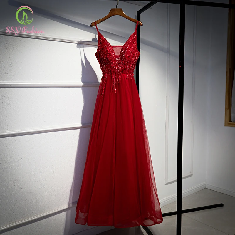 Женское вечернее платье до пола SSYFashion элегантное бордовое банкетное с V образным