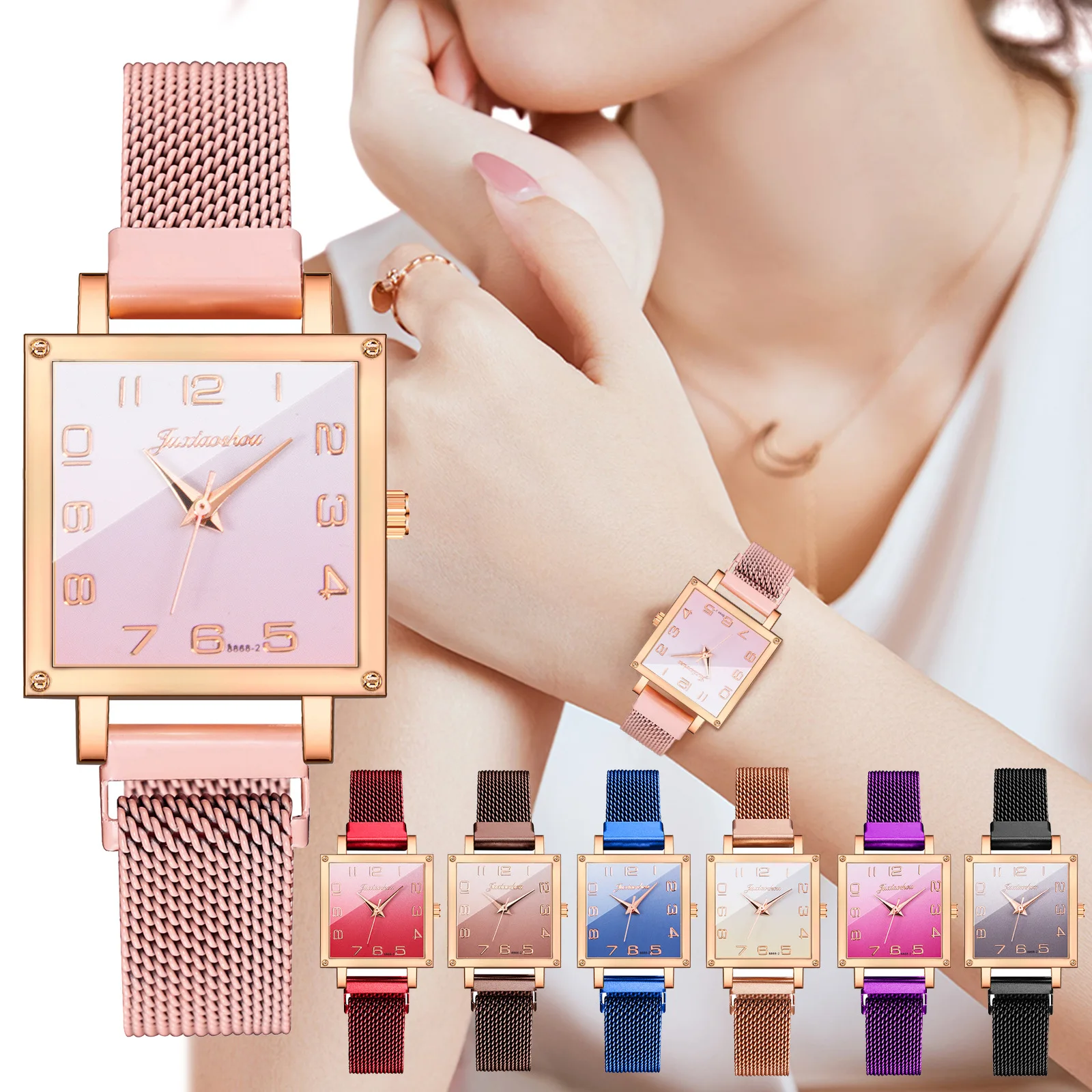

Casual Female Quartz Watch Magnet Business Arabic Digital Square Dial Blue Alloy Strap Ladies Wrist Watch For Womens Reloj Mujer