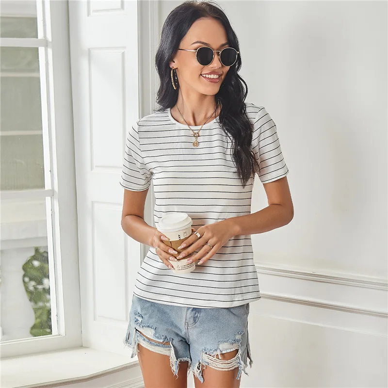 

Women 2021 Tshirt Summer Casual round neck stripe T-shirt Loose Short Sleeve T-shirt cheap clothes 20316