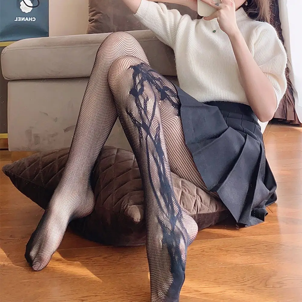 

1Pc Unique Side Flower Vine Fishnet Bottoming Pantyhose Hollow Lace Tights Sexy Lolita Black Silk Hosiery For Women Girls