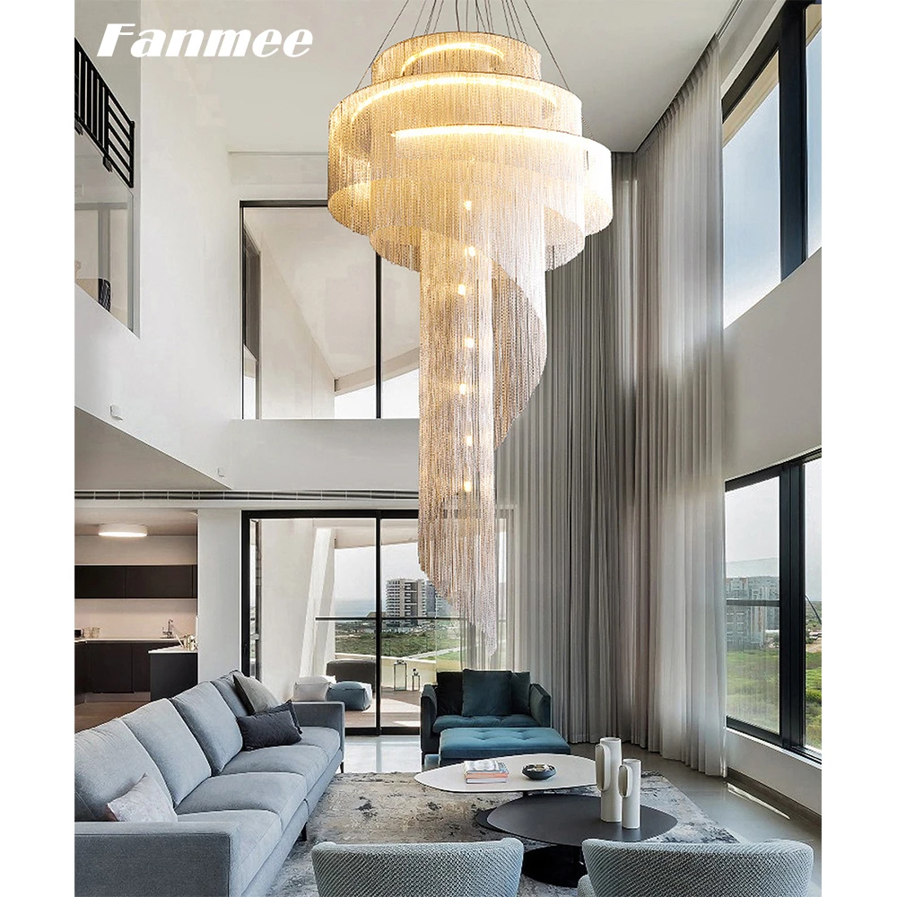 値段 ノルディックアルミ文字列シャンデリアライトは、現代のスパイラルクロームタッセルランプ屋内アールデコ調のリビングルーム階段ロフト