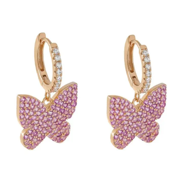 

2021 New Design Dangle Drop Earring Micro Pave White Pink CZ Butterfly Charm Cute Animal Girl Jewelry