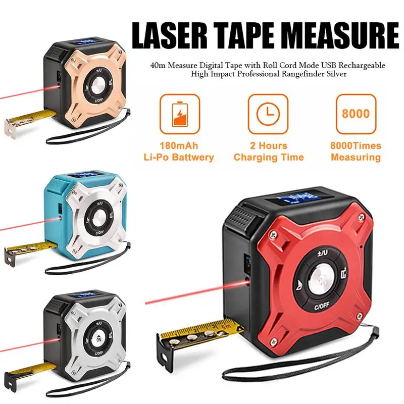 

40m Measure Digital Tape With Roll Cord Mode USB Rechargeable High Impact Professional Rangefinder Red Laser Rangefinders