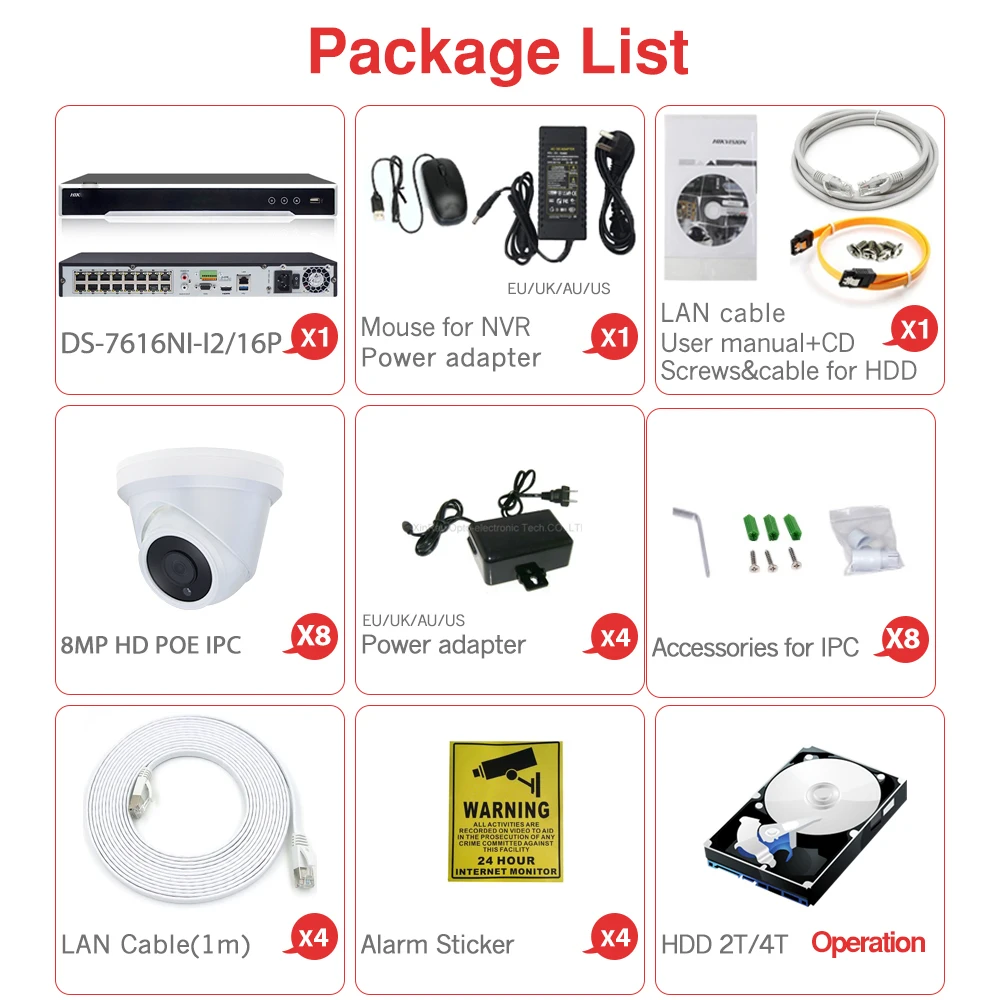 NEW 16CH CCTV System Kit Ultra 8MP Outdoor Security POE Camera with Hikvision 16 POE NVR DS-7616NI-I2/16P Video Surveillance Kit