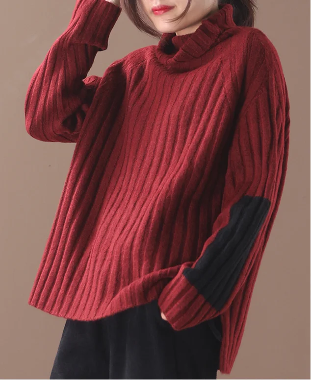 Женский зимний свитер в стиле ретро свободный полоску с высоким воротником