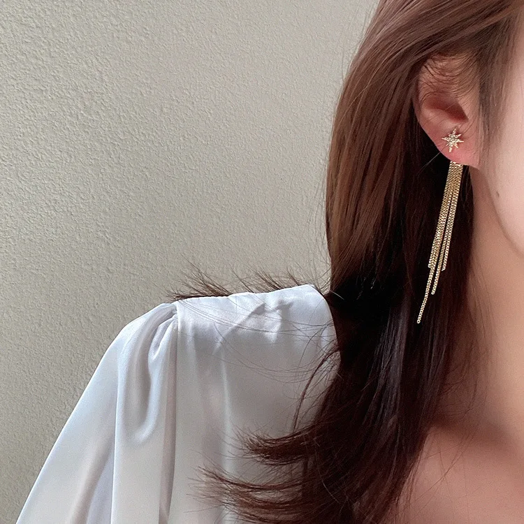 

Super fairy long star awn chain tassel earrings s925 silver needle with two earrings trendy 2021