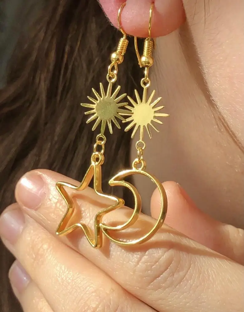 

Star and Moon Earrings. Mismatch Dangle Drop, Sun Charm. Unique and Handmade. Gifts for her. Gold Crescent. Unique, Celestial