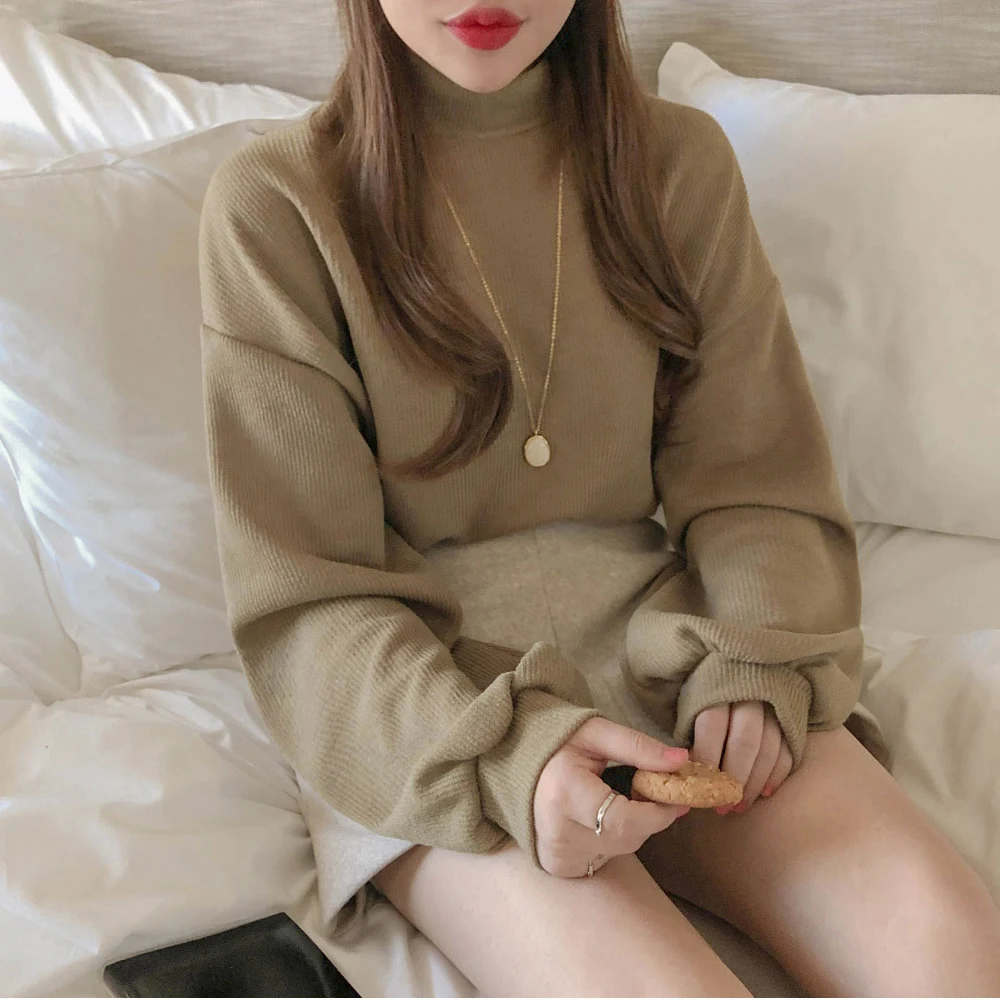 

Korean Autumn Winter Turtleneck Hoodies Women Sweatshirts Lantern Sleeve Loose Vestidos Streetwear Pull Femme Casual Hoodies