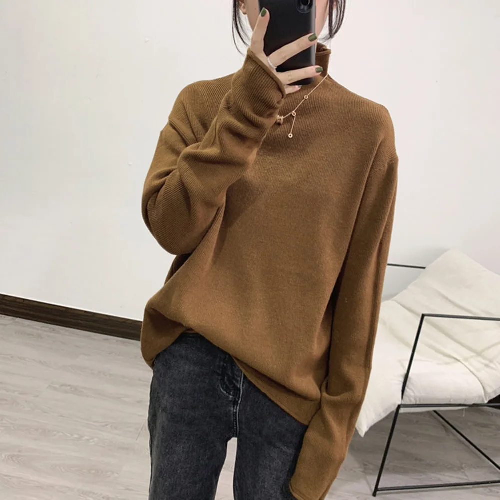 

2021 Autumn Winter New Loose Lazy Style Sweater Women Outer Half High Collar Solid Color Versatile Top Knitted Bottomed Shirt