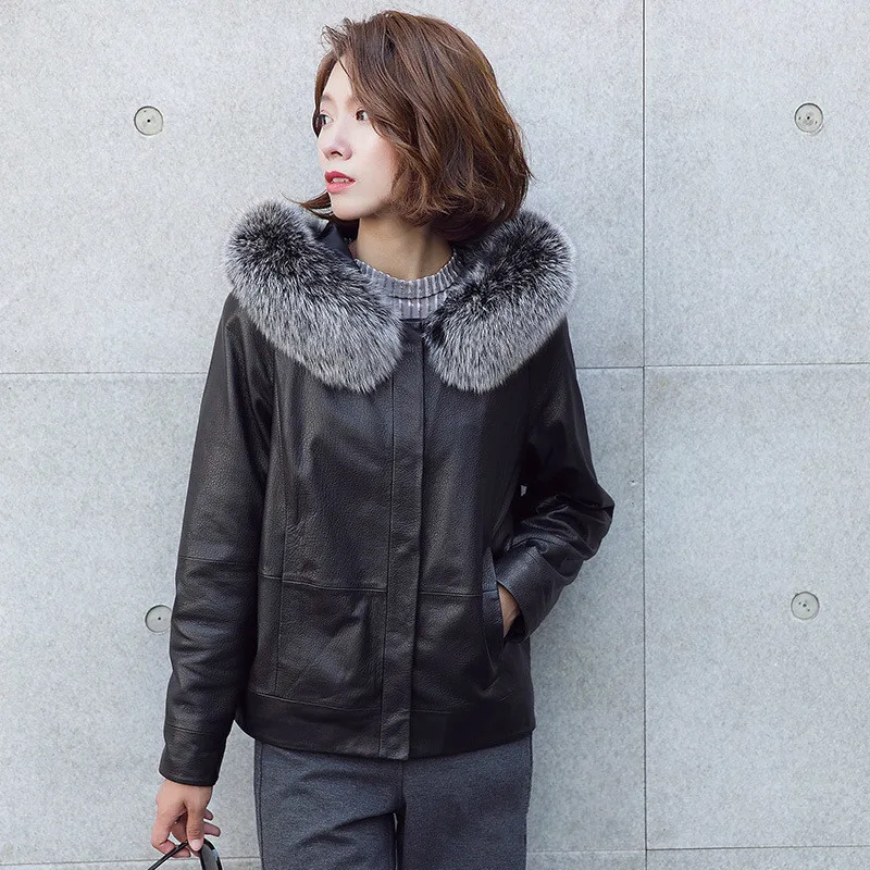 Натуральный Лисий мех с капюшоном овчина пальто для женщин зимний пуховик на