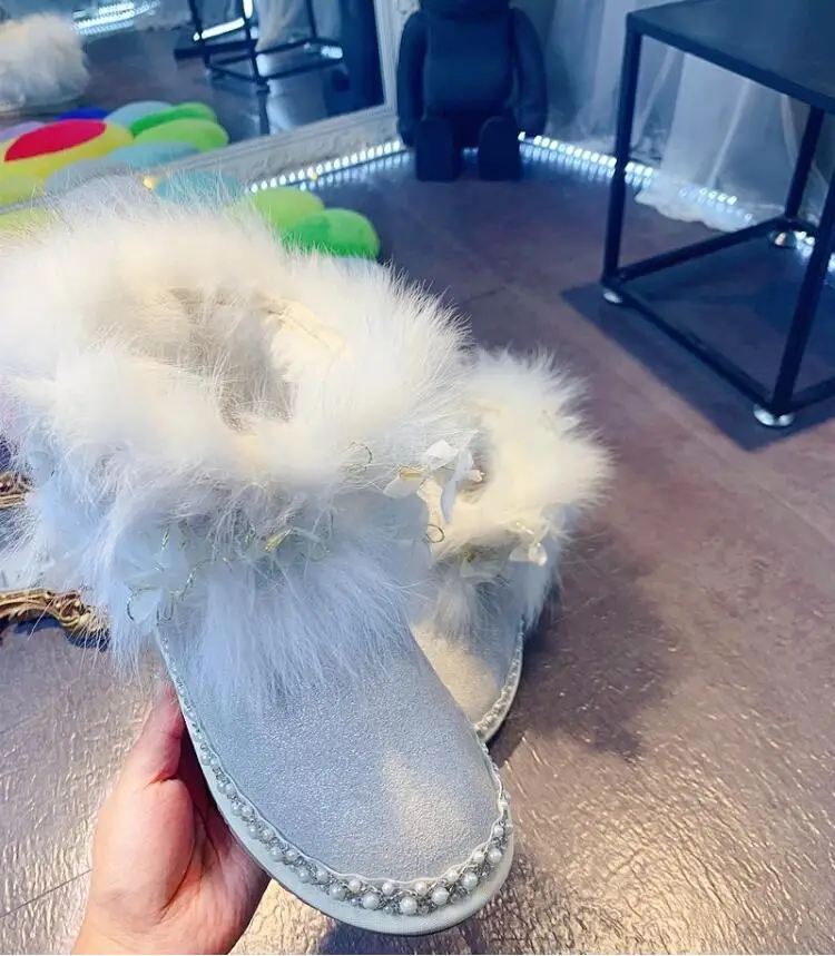 

Fur fox fur snow boots thick heavy-duty rhinestones low-tube pearlescent white leather non-slip cotton boots