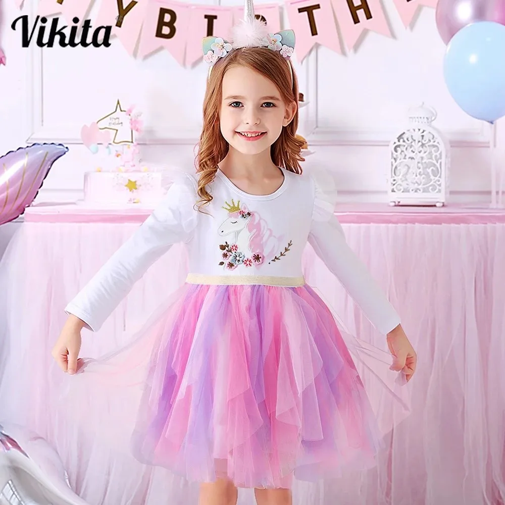 

VIKITA Girl Autumn Dress Children Princess Costumes Birthday Party Unicorn Print Tulle Dresses Kids Irregular Dress 3 to 8 Yrs