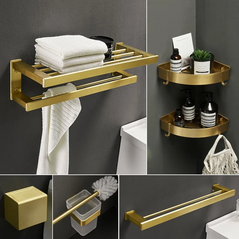 Матовый золотой набор для ванной комнаты стойка полотенец угловая полка крючки