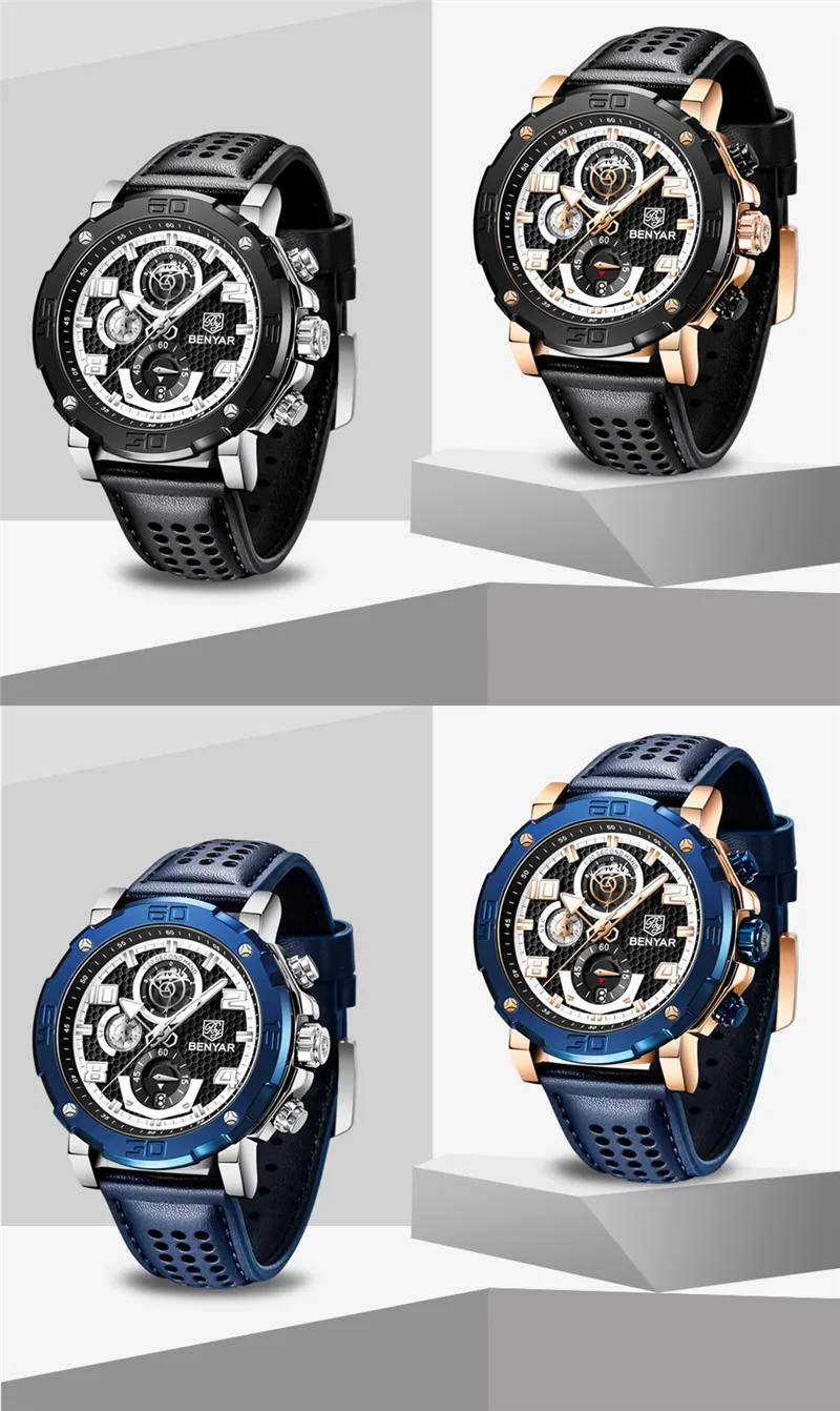 Часы-хронограф мужские спортивные водонепроницаемые из натуральной кожи в стиле