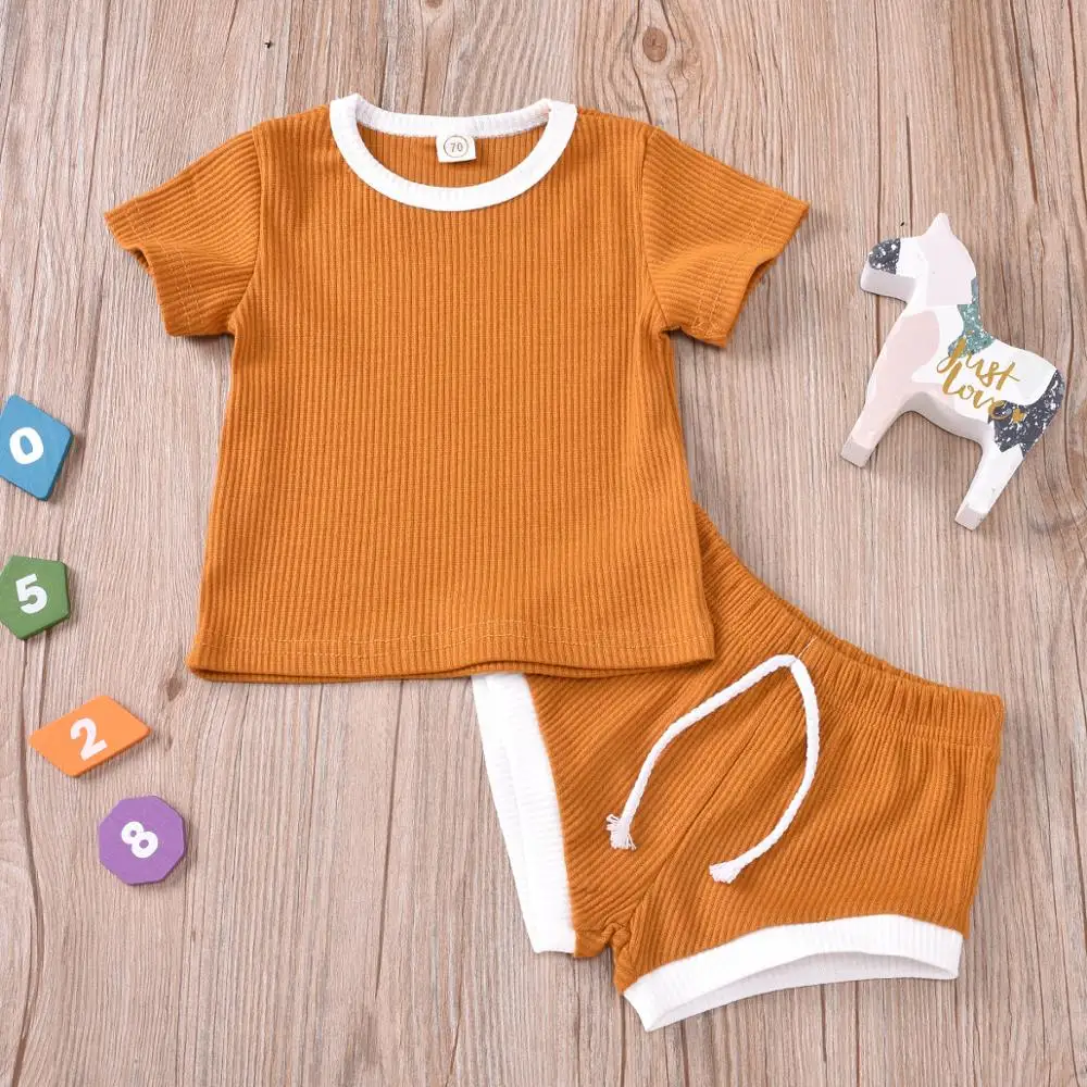 2020 New Summer Solid Color Pit Strip Fabric 9 Colors Optional Short-Sleeved Shirt Shorts Suit Boy Girl Baby Clothes + Pants | Детская