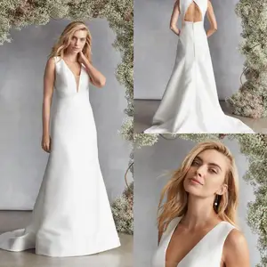 Simple A-Line Wedding Dresses Straps V Neck Back Cut-out Button Satin Vestido De Noiva Custom Made Bridal Dress
