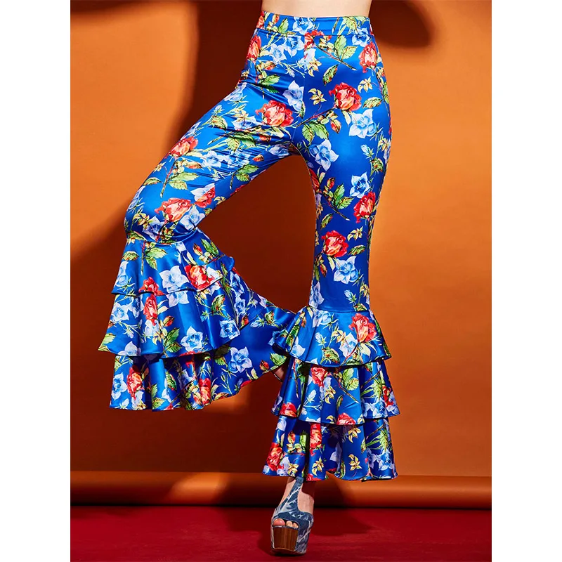 

Clocolor African Women Flare Pants High Waist Bellbottoms Summer Boho Blue Falbala Print Long Elastic Fashion Casual Pants Chic