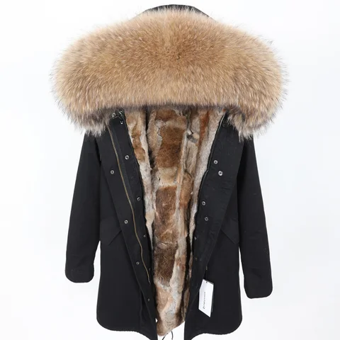 Maomaokong зимнее женское пальто из натурального меха длинная парка с капюшоном из кроличьего меха Толстая теплая куртка с большим воротником из меха енота