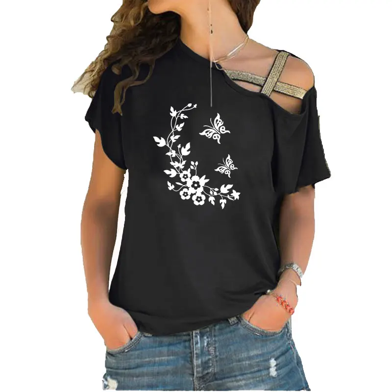 

3D butterfly flowers Funny Printed T-Shirt Women Loose Cotton Short Sleeve Female Fashion Irregular Skew Cross Bandage tee tops